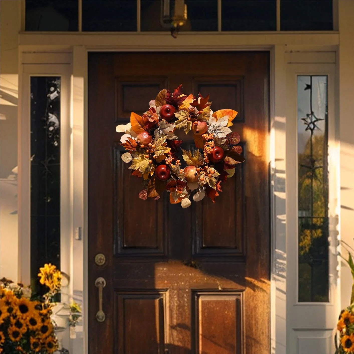 24 Inches Pre-Lit Fall Wreath Lighted Thanksgiving Wreath with Pomegranate & Apple Fall Wreath for Front Door Indoor Fireplace Farmhouse