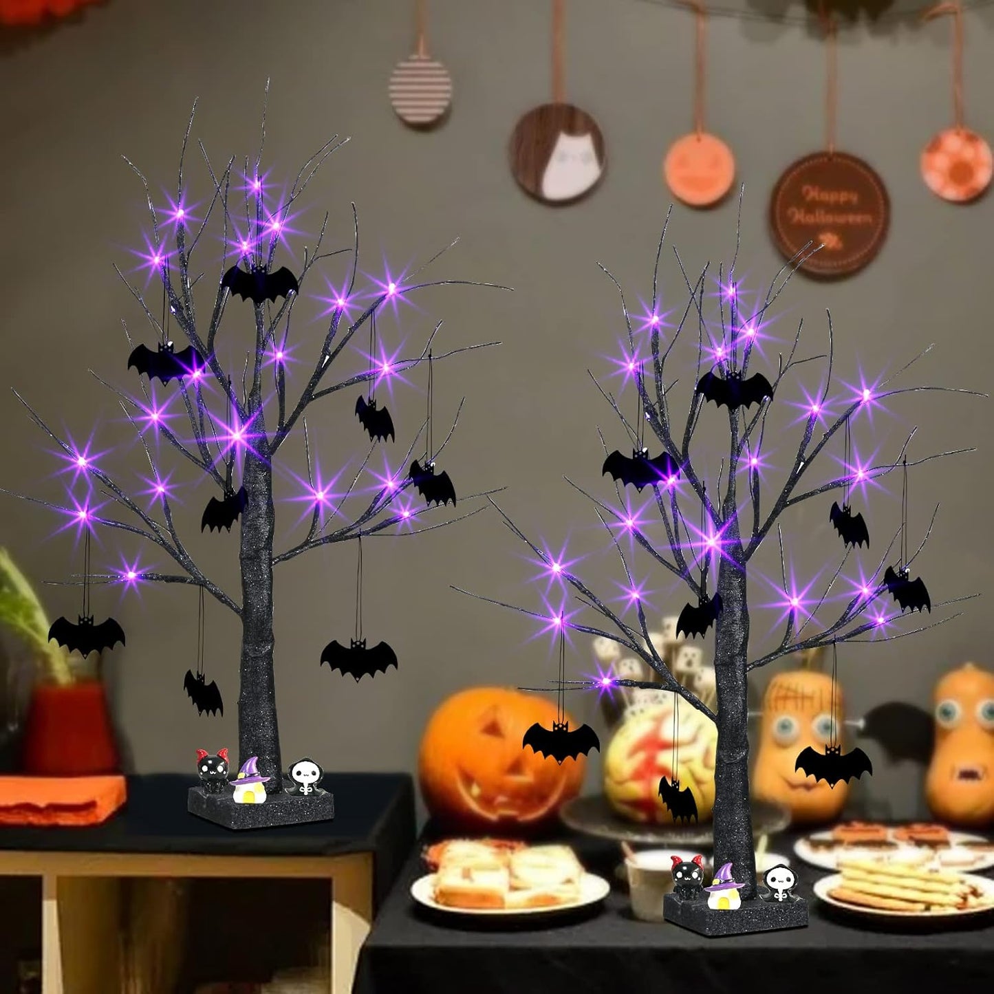 Halloween Decorations, 2FT Black Halloween Tree with 24 Purple Lights and 8 Bat Ornaments, Light up Halloween Decorations with Timer for Indoor Home Desk Table Decor (2PK)