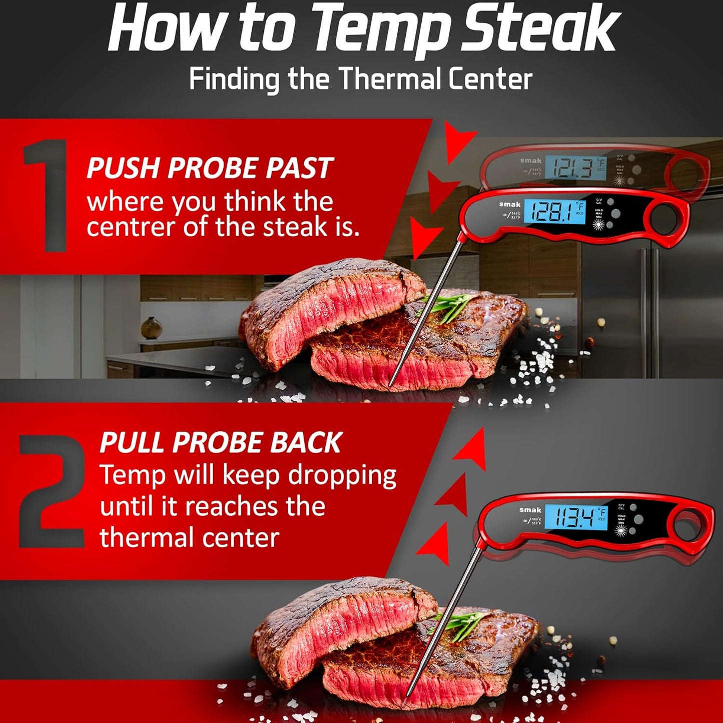 Instant Read Meat Thermometer - Waterproof Kitchen Food Cooking Thermometer with Backlight LCD - Best Super Fast Electric Meat Thermometer Probe for BBQ Grilling Smoker Baking Turkey (Stealth)