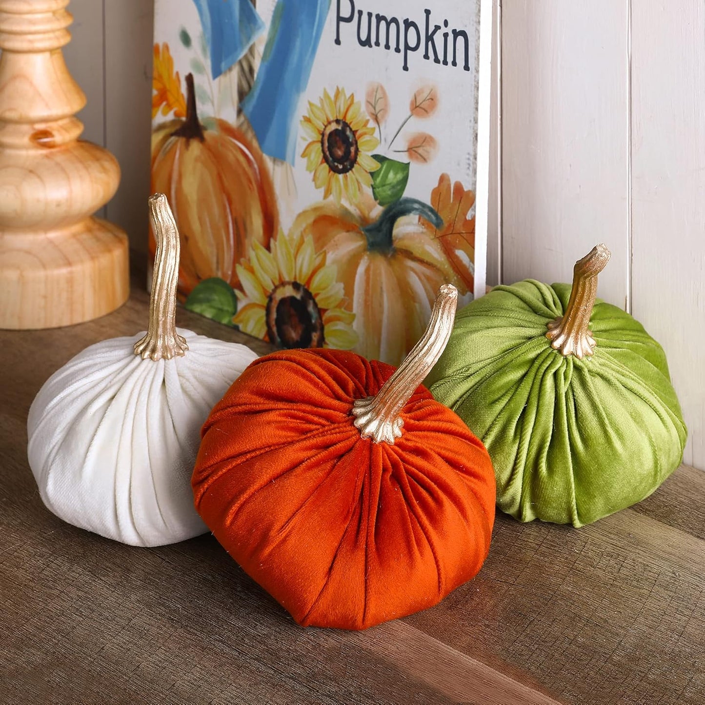 3 Pack Velvet Pumpkins, Orange White Green Artificial Pumpkins for Fall Harvest Thanksgiving Table Decoration