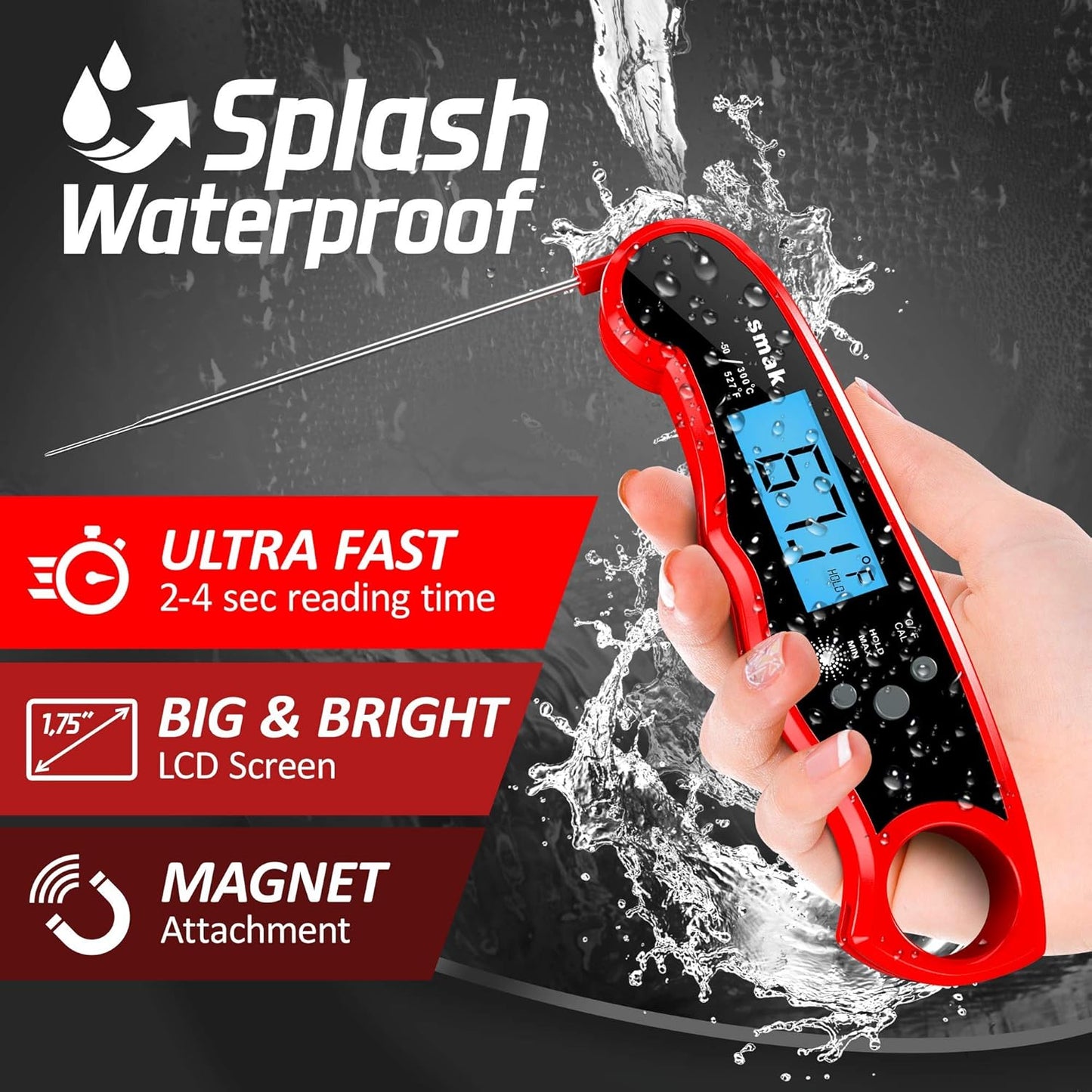 Instant Read Meat Thermometer - Waterproof Kitchen Food Cooking Thermometer with Backlight LCD - Best Super Fast Electric Meat Thermometer Probe for BBQ Grilling Smoker Baking Turkey (Stealth)