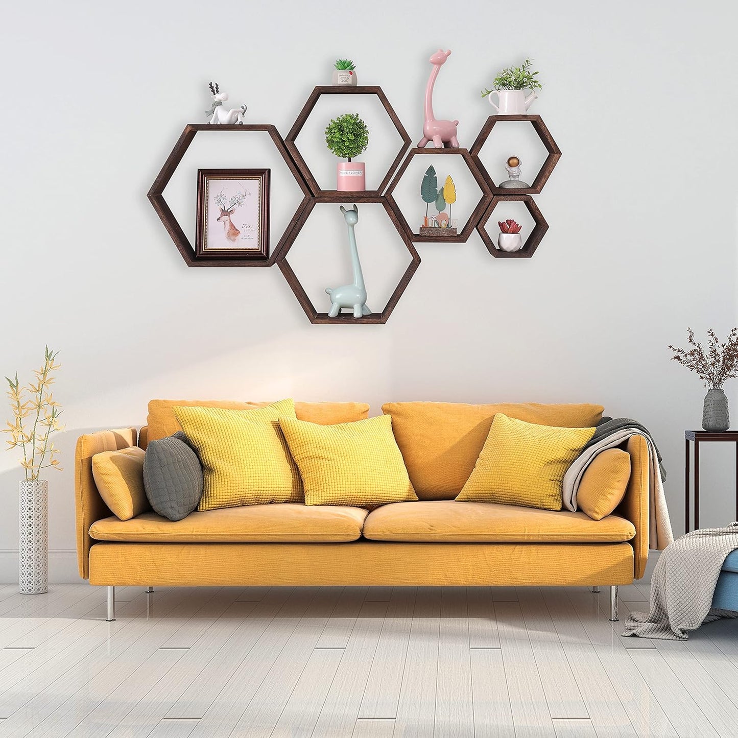Hexagon Floating Shelves Set of 6 Wall Mounted Wood Farmhouse Storage Honeycomb Wall Shelf , Hexagonal Decor Wall Shelves for Bedroom, Living Room, Office, Screws Anchors Included Walnut