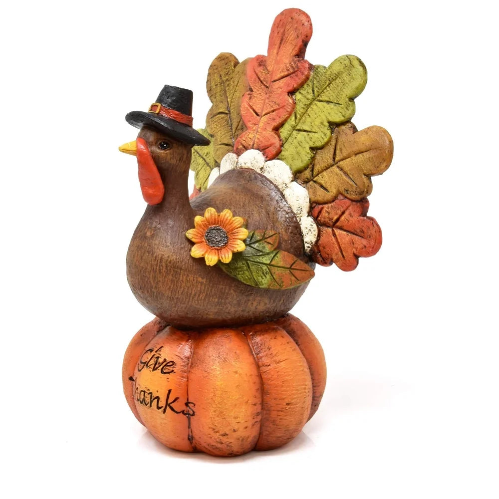 Hand-Painted Thanksgiving Turkey Pumpkin Table Decoration, Resin Table Turkey Pumpkin Centerpiece Table Decoration with Artificial Maple Leaves for Thanksgiving Party