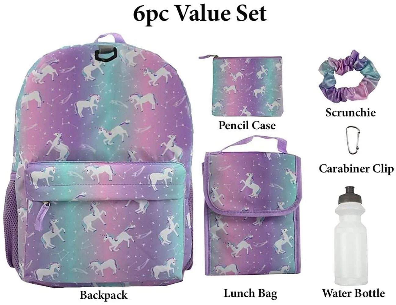 Unicorn Girls Backpack with Lunch Box and Water Bottle 6 Piece Set 16 Inch