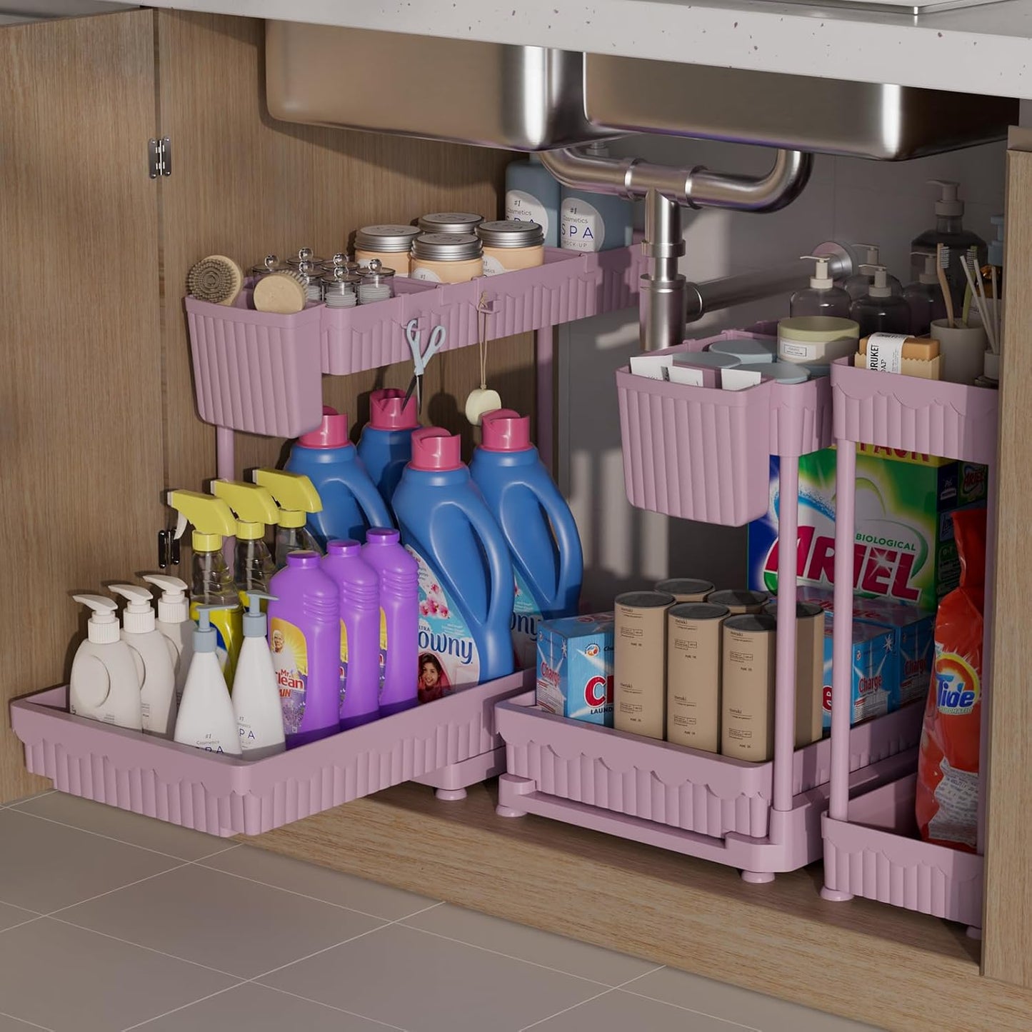3 Pack Multi-Purpose under Sink Organizers and Storage, 2025 L-Shaped Pull Out Cabinet Organizer for Bathroom & Kitchen, under Cabinet Organizer with Hooks Hanging Cup, Black