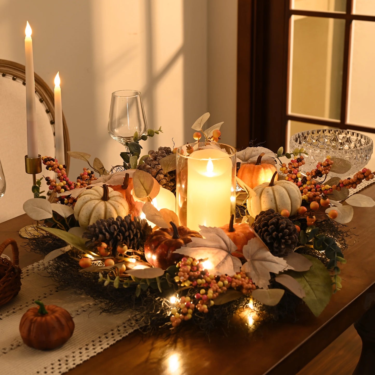 24 Inches Pre-Lit Fall Wreath Lighted Thanksgiving Wreath with Red Orange White Pumpkin & Pine Cone Harvest Wreath for Front Door Fireplace Farmhouse