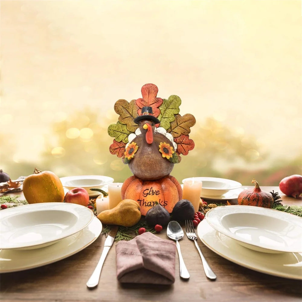 Hand-Painted Thanksgiving Turkey Pumpkin Table Decoration, Resin Table Turkey Pumpkin Centerpiece Table Decoration with Artificial Maple Leaves for Thanksgiving Party