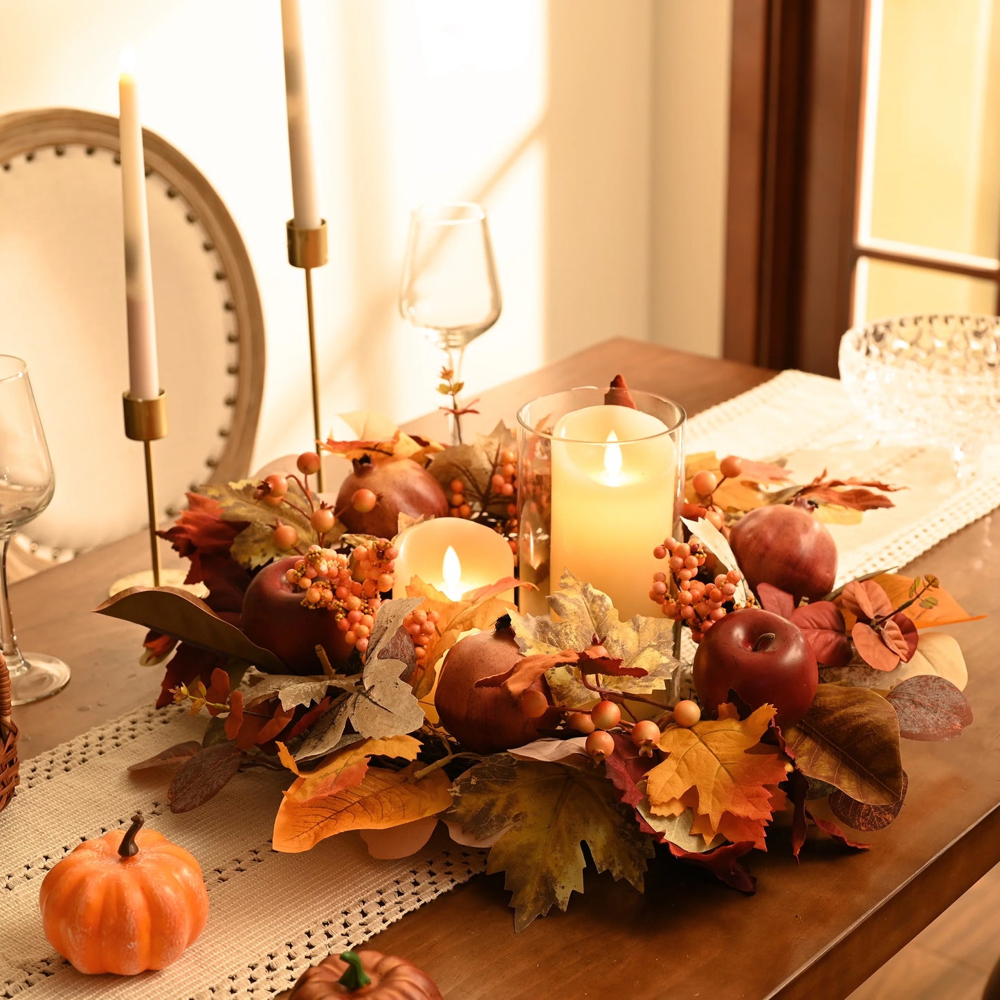 24 Inches Pre-Lit Fall Wreath Lighted Thanksgiving Wreath with Pomegranate & Apple Fall Wreath for Front Door Indoor Fireplace Farmhouse