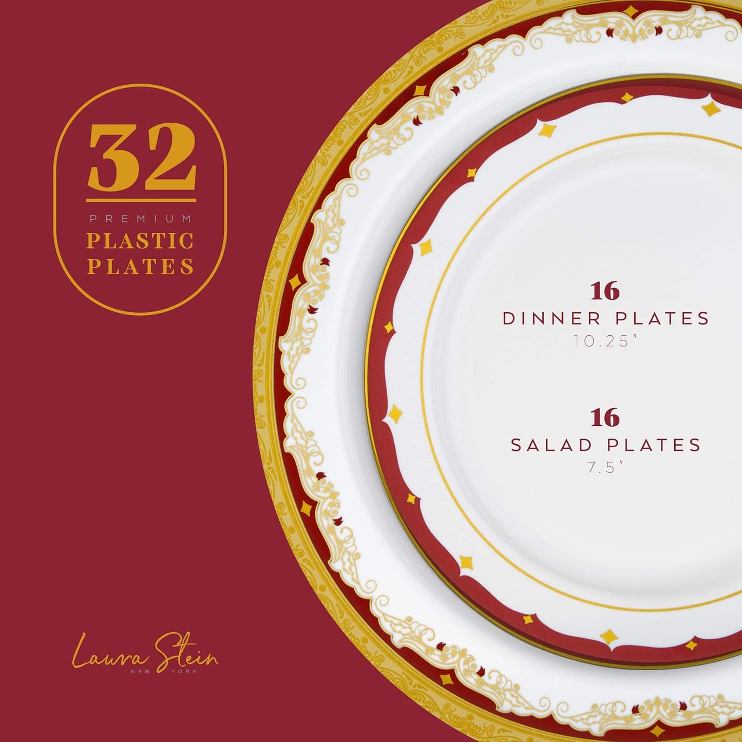 32-Pc Disposable Plastic Thanksgiving Dinnerware Set with Burgundy Rim & Gold Accents by