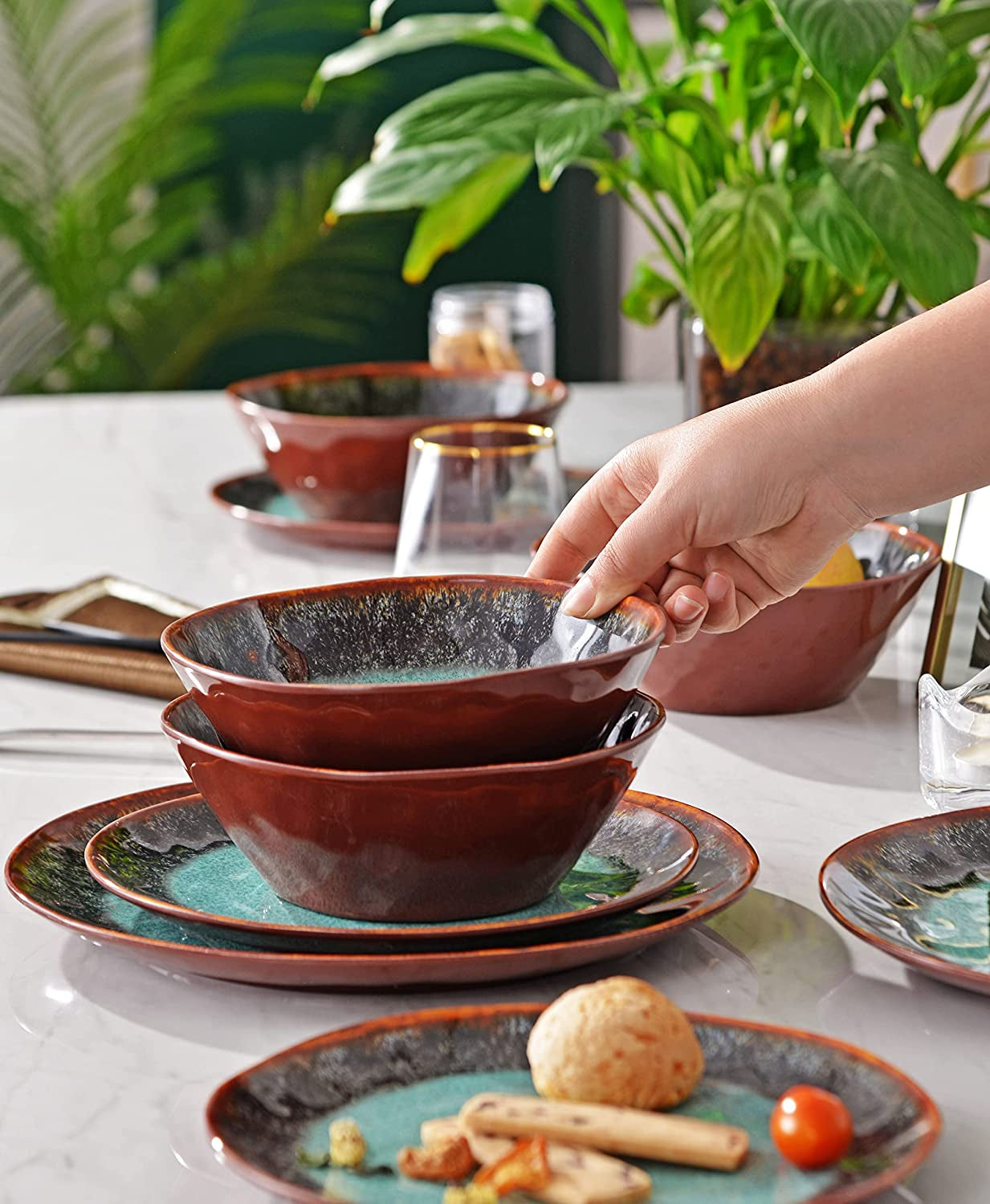 Melamine Dinnerware Set 12 Pcs for 4, Camping Plates and Bowls, Unbreakable, Lightweight, BPA Free, Dishwasher Safe, Blue with Brown