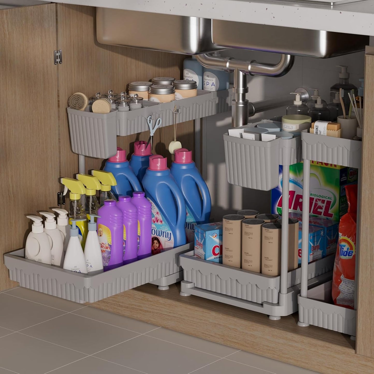 3 Pack Multi-Purpose under Sink Organizers and Storage, 2025 L-Shaped Pull Out Cabinet Organizer for Bathroom & Kitchen, under Cabinet Organizer with Hooks Hanging Cup, Black