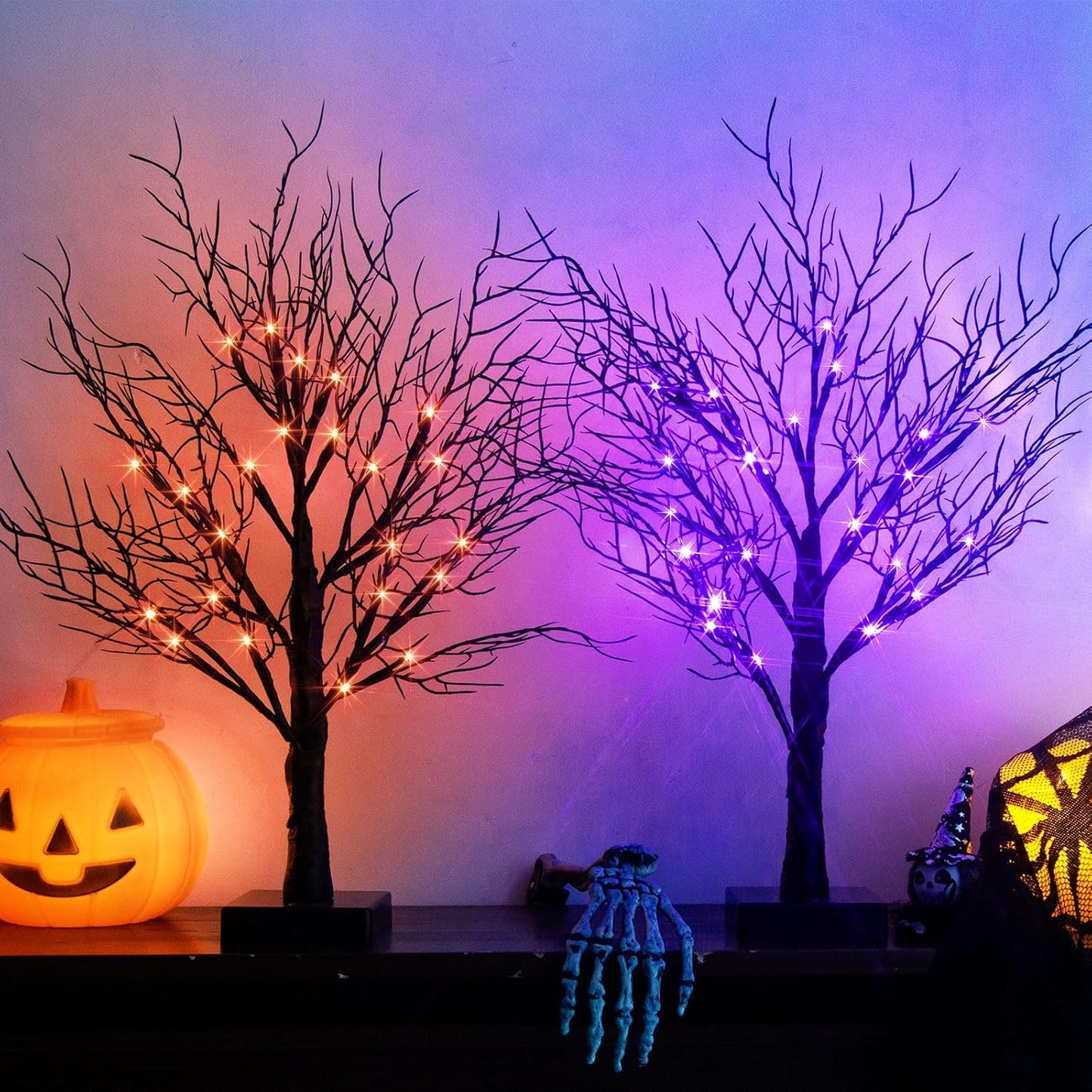 Halloween Decorations, 2FT Black Halloween Tree with 24 Purple Lights and 8 Bat Ornaments, Light up Halloween Decorations with Timer for Indoor Home Desk Table Decor (2PK)