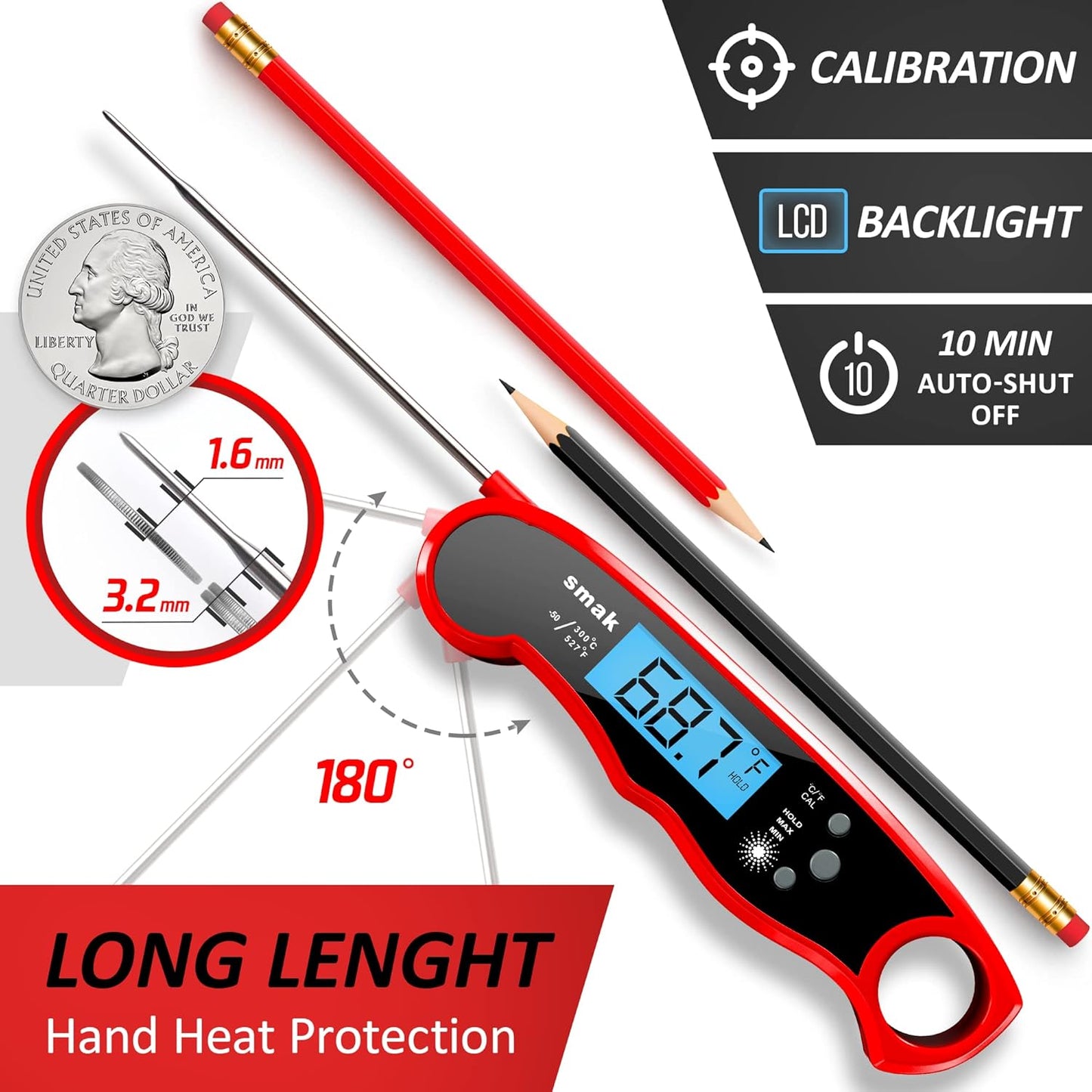Instant Read Meat Thermometer - Waterproof Kitchen Food Cooking Thermometer with Backlight LCD - Best Super Fast Electric Meat Thermometer Probe for BBQ Grilling Smoker Baking Turkey (Stealth)