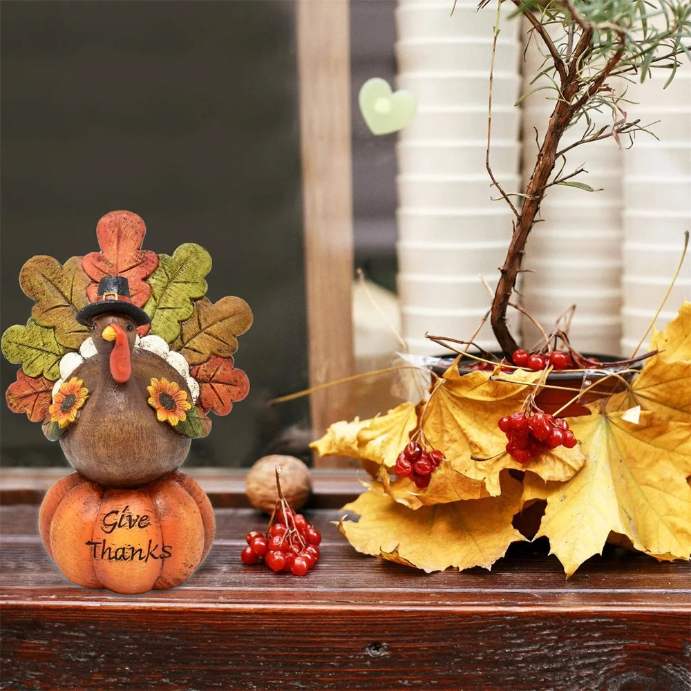 Hand-Painted Thanksgiving Turkey Pumpkin Table Decoration, Resin Table Turkey Pumpkin Centerpiece Table Decoration with Artificial Maple Leaves for Thanksgiving Party