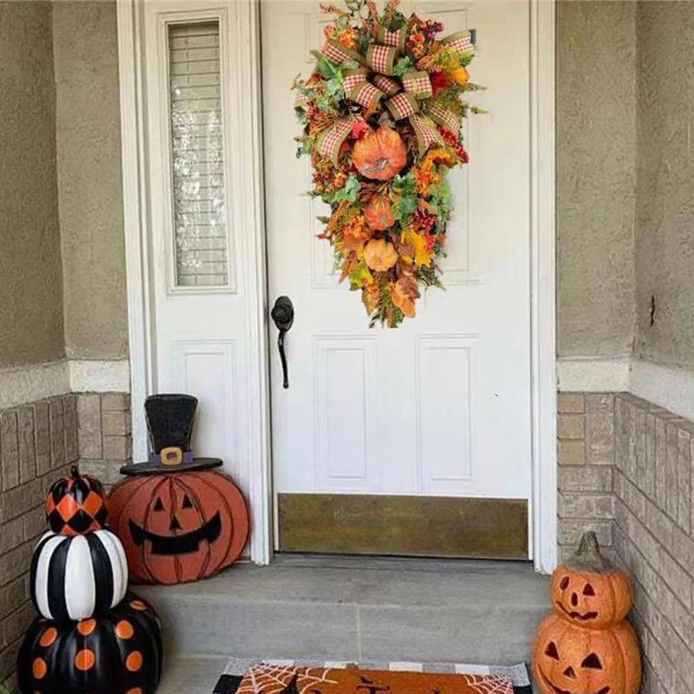 Fall Harvest Teardrop Swag Thanksgiving Teardrop Wreath with Maple Leaves & Pumpkins Artificial Floral Swag for Home Wall Door Indoor Outdoor Wedding Home Party Halloween Decor 20Inch