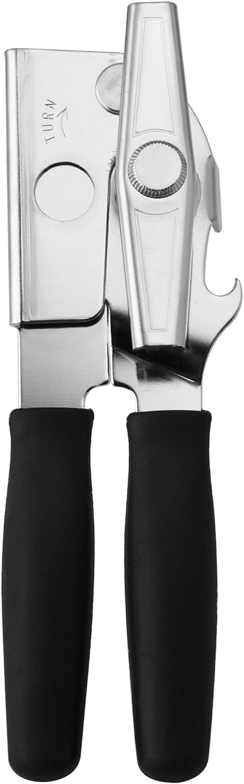 Portable Can Opener, Features an Ergonimic Handle for Optimal Comfort, and Built-In Bottle Opener for a 2-In-1 Tool, Durable Cutting Wheel, Black