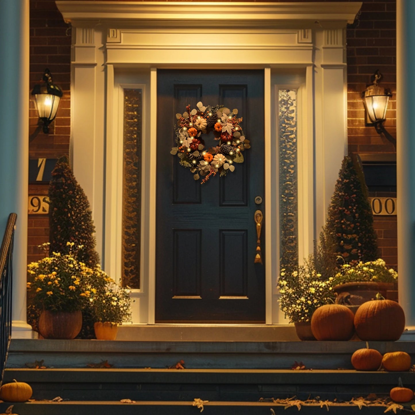 24 Inches Pre-Lit Fall Wreath Lighted Thanksgiving Wreath with Red Orange White Pumpkin & Pine Cone Harvest Wreath for Front Door Fireplace Farmhouse