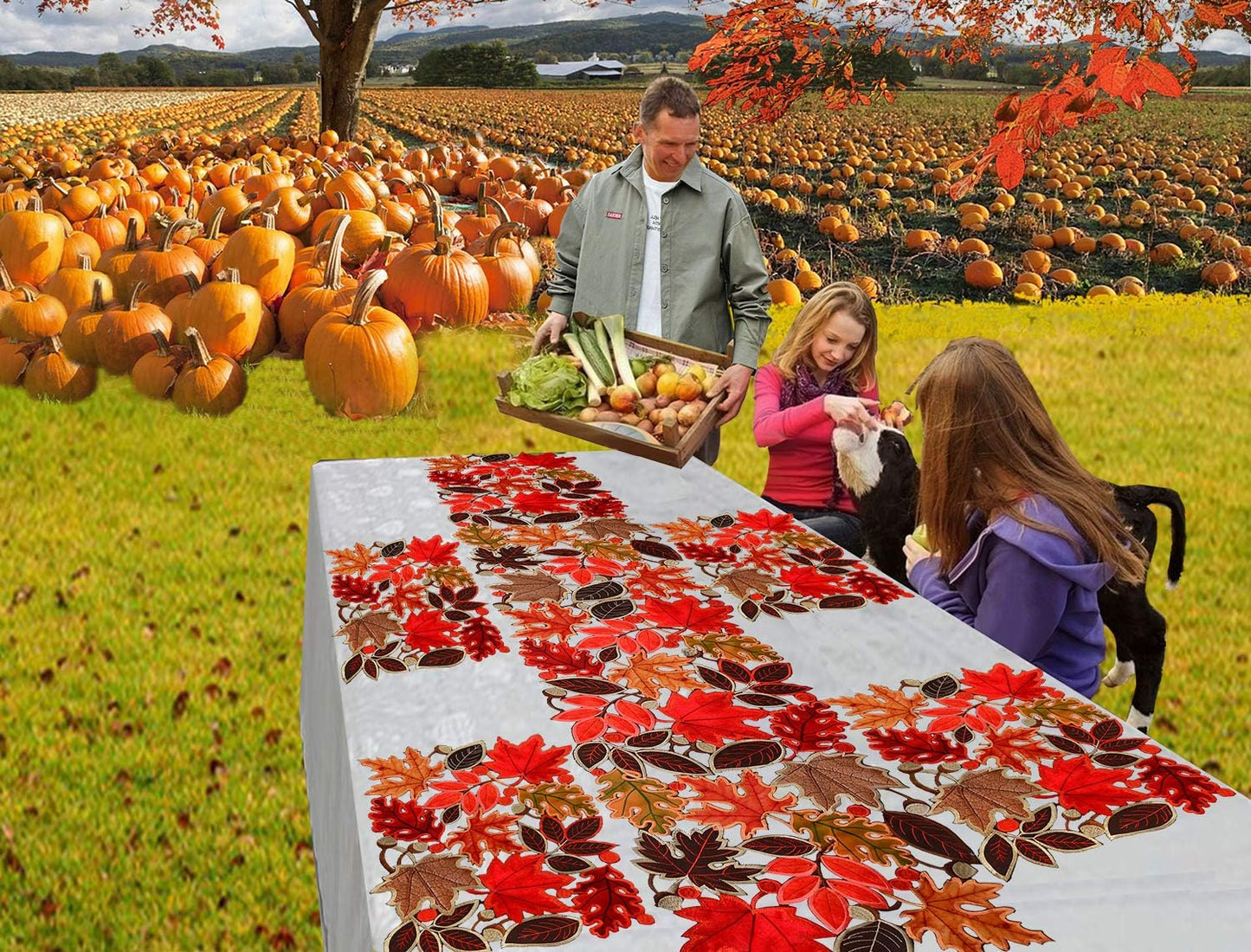 Embroidered Leaves Table Runner for Thanksgiving, Fall or Autumn Harvest Decorations (14 Ć 89 Inches)