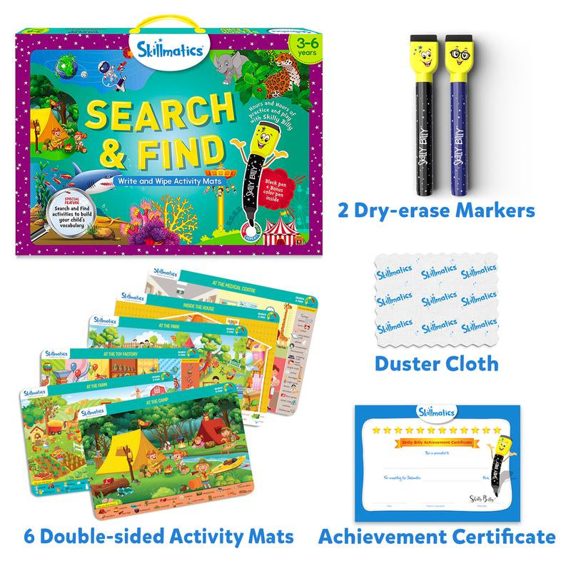 Skillmatics Write & Wipe Activity Mats – Reusable Educational Toys for Preschool & Kindergarten Kids Ages 3-6 | Includes Whiteboard Pens