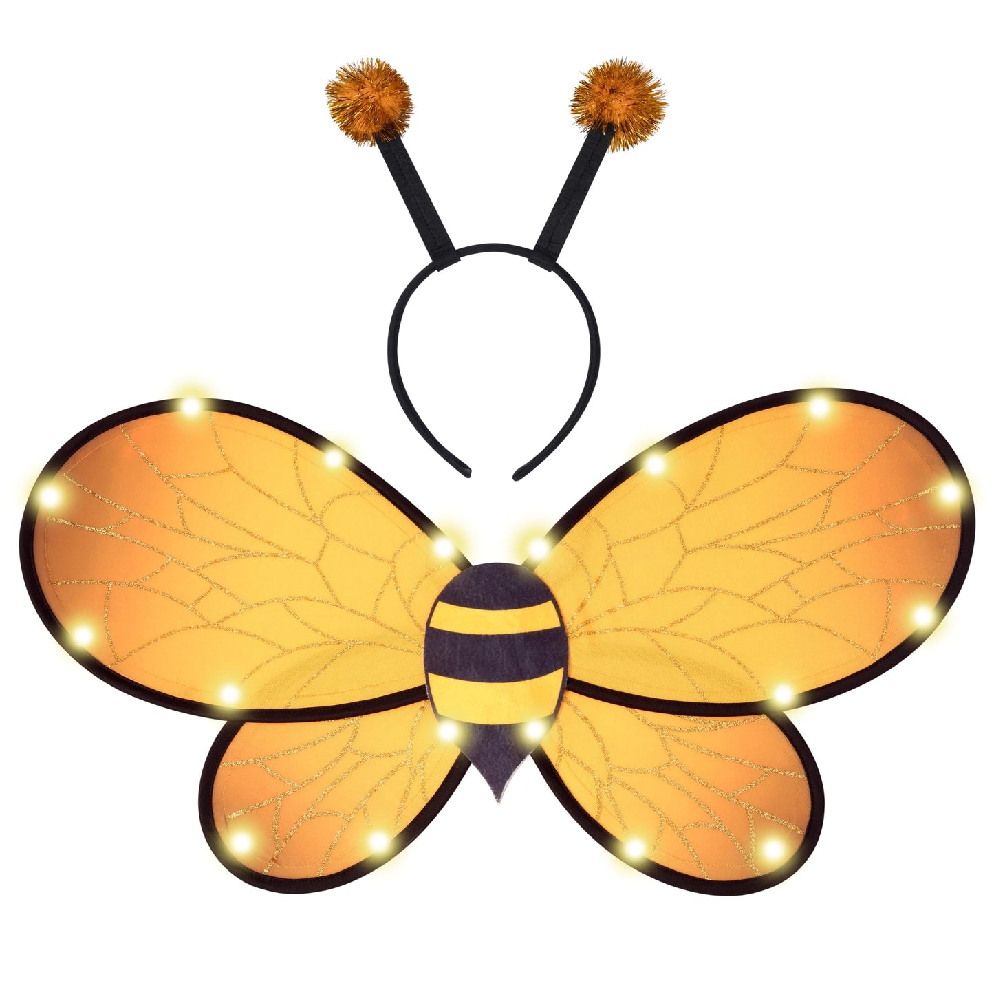 Yellow Bumble Bee Wings Costume Accessories, Light up Bee Wings and Bee Antenna Headband Set for Kids Girls, Halloween Animal Costume Cosplay Party Favors