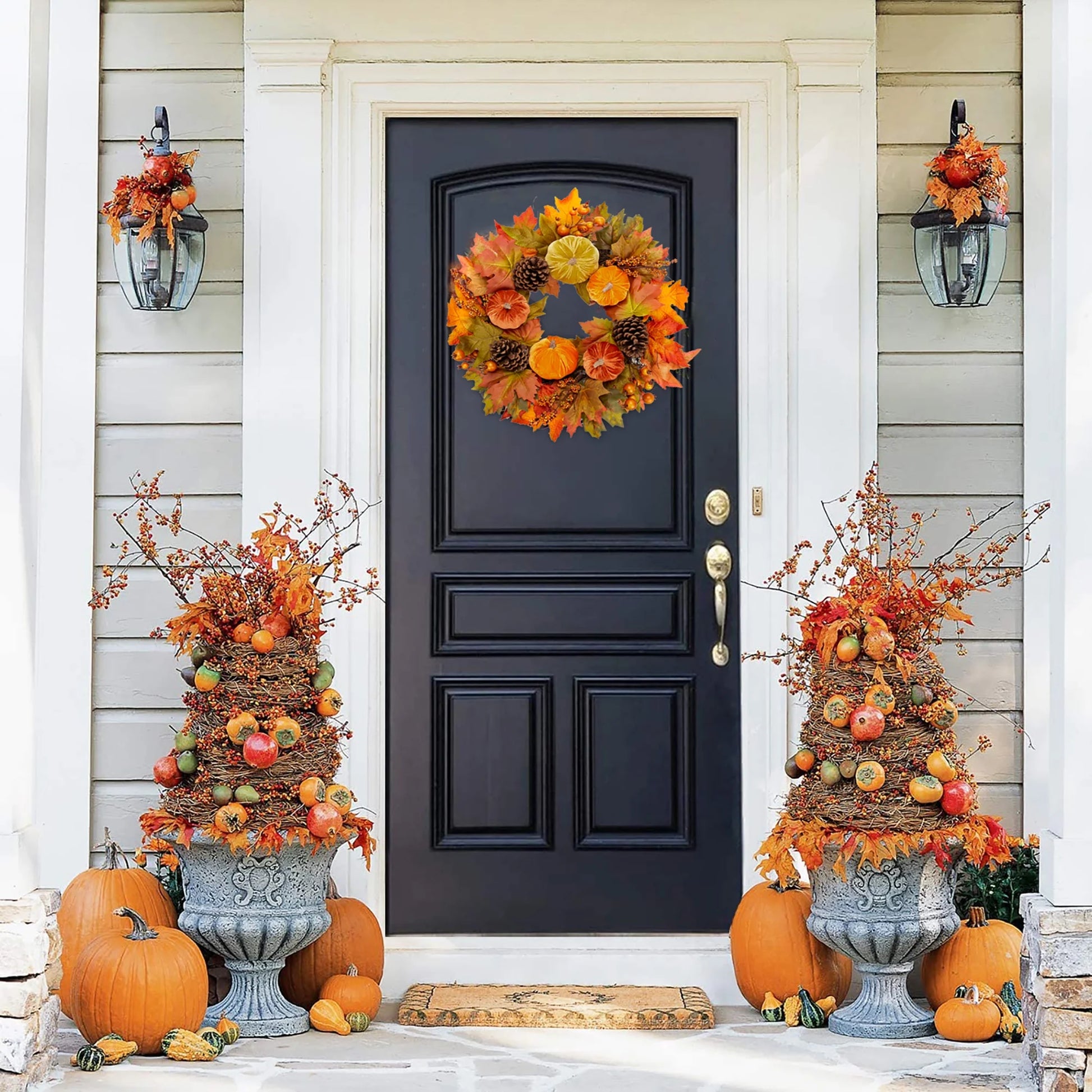 20'' Autumn Pumpkin Wreath Velvet Pumpkin Fall Maple Leaves Pinecones Wreaths for Front Door Home Decor with Metal Hook Large Harvest