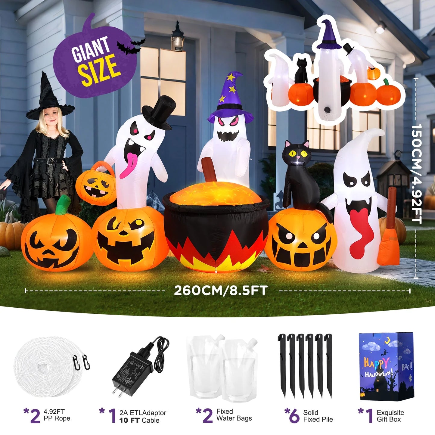 8.5FT Halloween Inflatables Pumpkin Ghost Family with Built-In LED Lights, Halloween Blow up Yard Decorations