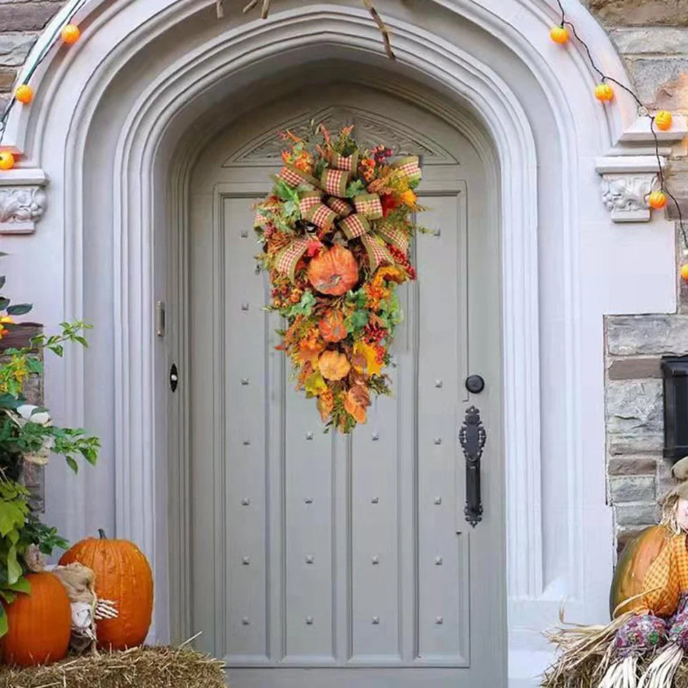 Fall Harvest Teardrop Swag Thanksgiving Teardrop Wreath with Maple Leaves & Pumpkins Artificial Floral Swag for Home Wall Door Indoor Outdoor Wedding Home Party Halloween Decor 20Inch