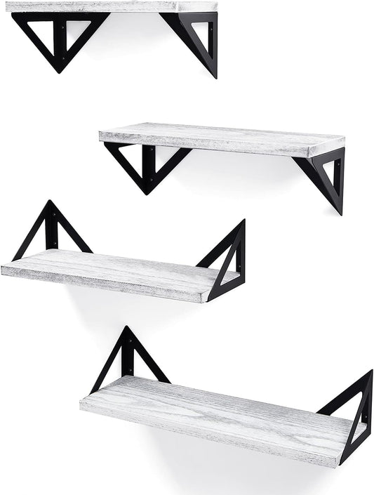 White Floating Shelves Wall Mounted Set of 4, Small Bookshelf for Bedroom, Office Wall Storage, Rustic Wood Shelves for Bathroom, Living Room, Kitchen Decor, Room Organization