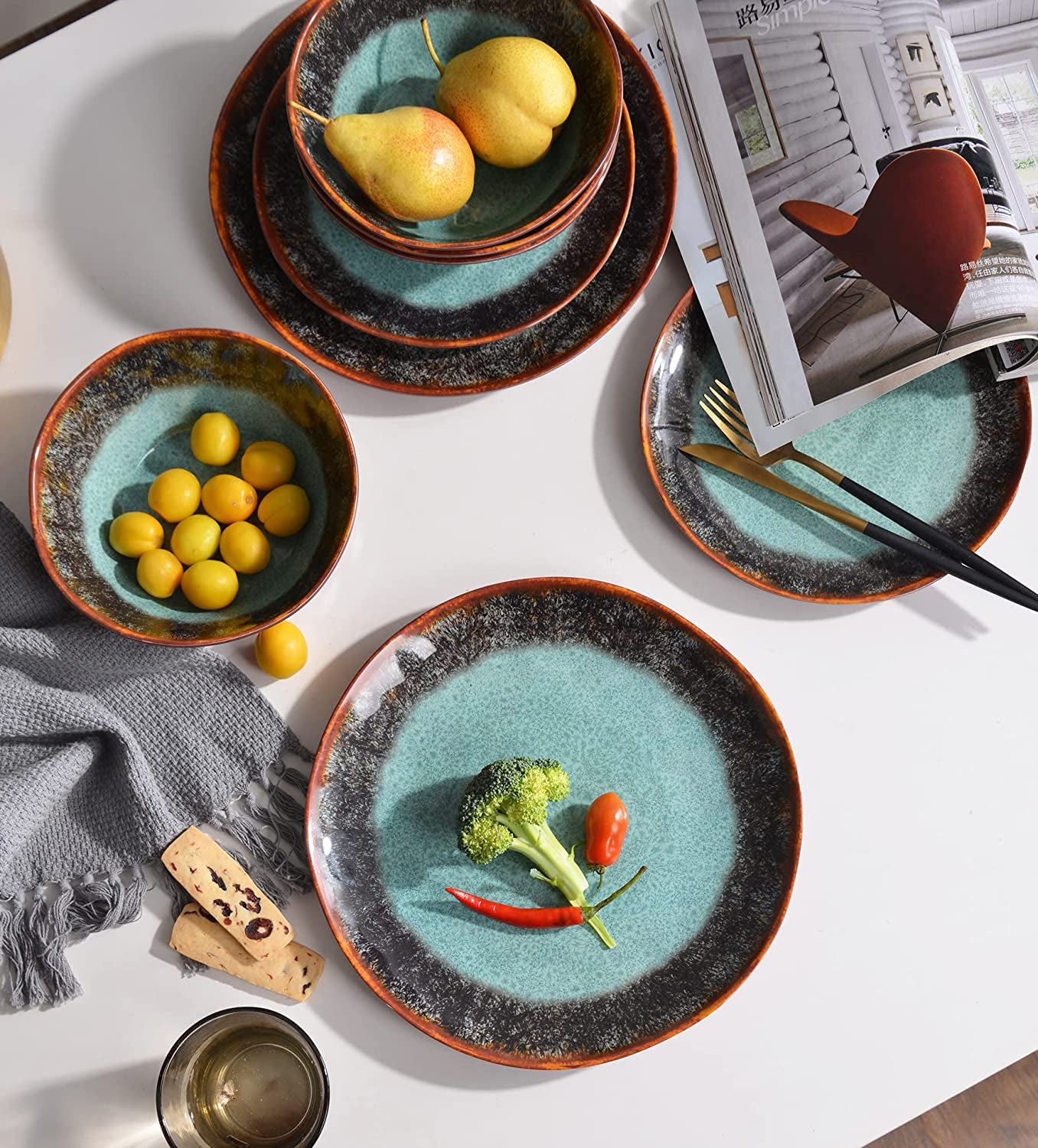 Melamine Dinnerware Set 12 Pcs for 4, Camping Plates and Bowls, Unbreakable, Lightweight, BPA Free, Dishwasher Safe, Blue with Brown