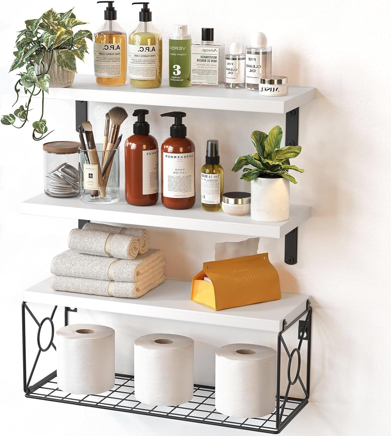 Amada Bathroom Shelves over Toilet with Storage Basket, Floating Shelves Wall Shelves for Home Organization & Wall Decor, Bathroom/Kitchen/Living Room Shelves–Natural Wood