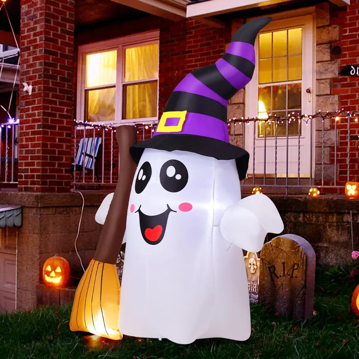 Halloween Inflatables 6.2 FT Halloween Ghost Inflatable Grasping Broom with LED Lights, Blow up Ghost Cute Inflatable Ghost, Outdoor Halloween Decorations for Holiday Party Indoor Outdoor