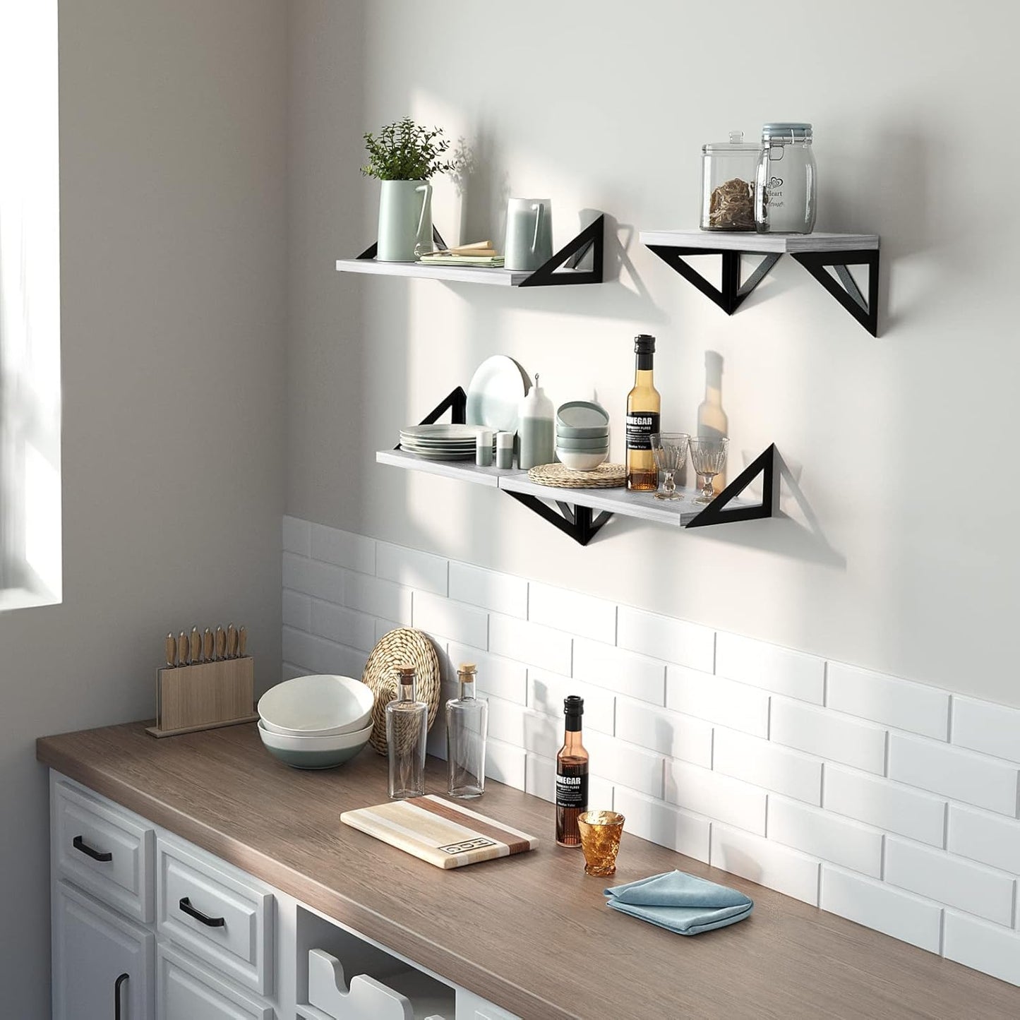 White Floating Shelves Wall Mounted Set of 4, Small Bookshelf for Bedroom, Office Wall Storage, Rustic Wood Shelves for Bathroom, Living Room, Kitchen Decor, Room Organization