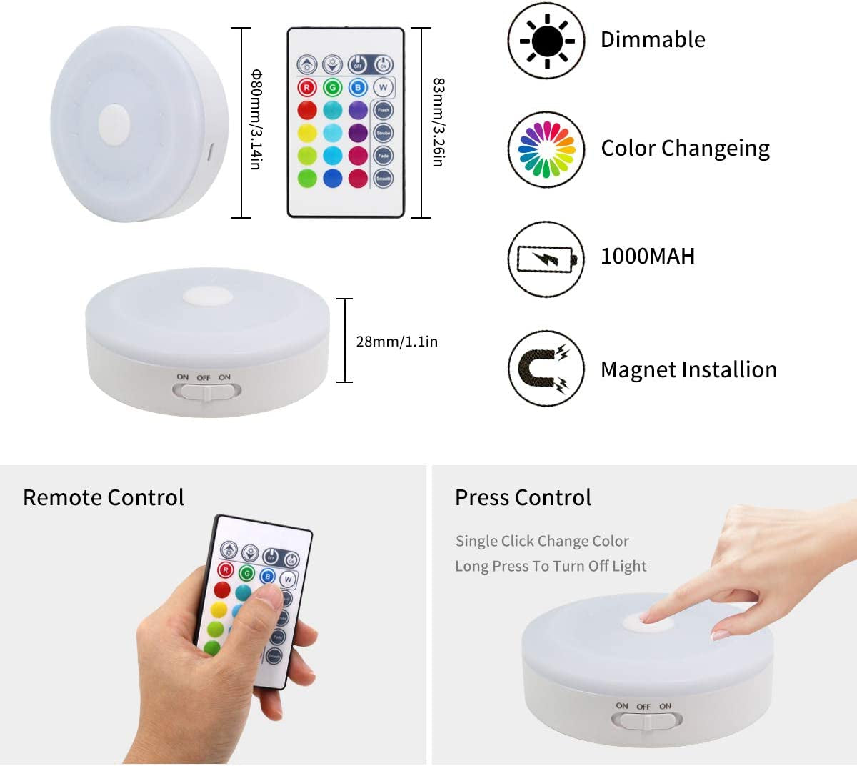 Puck Lights with Remote,Under Cabinet Led Lighting,Rgb Wireless Rechargeable Light for Closet,Display Case,3 Pack