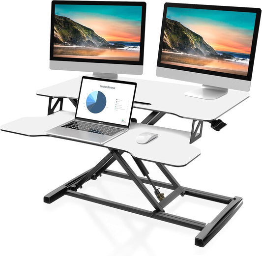 Height Adjustable Standing Desk 32” Wide Sit to Stand Converter Stand up Desk Tabletop Workstation for Laptops Dual Monitor Riser White SD308003WW