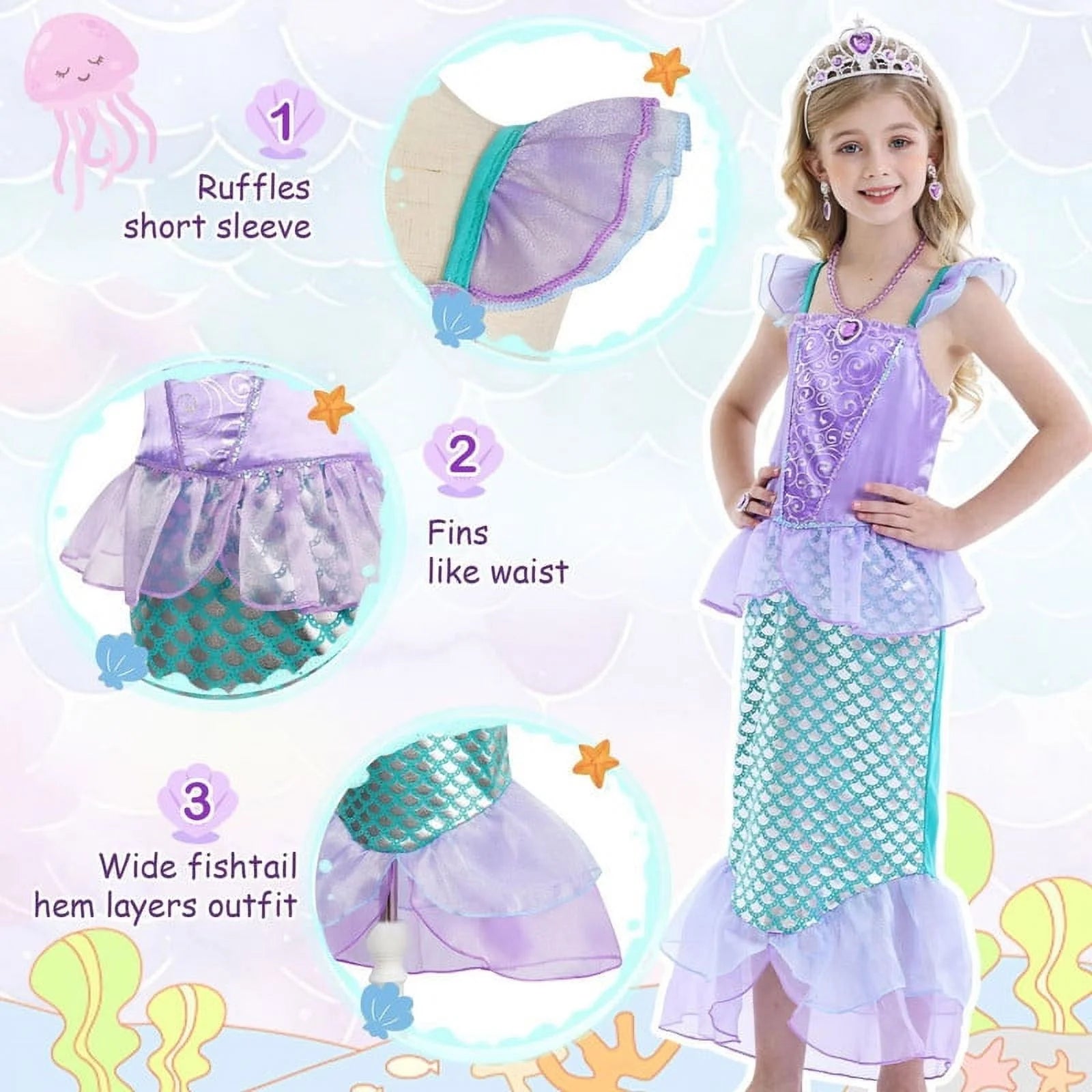Mermaid Dresses for Girl Princess Dress up Clothes Mermaid Costume up Kids Birthday Party Cosplay Role Play Clothes Tween 110 Cm 3-4 Years