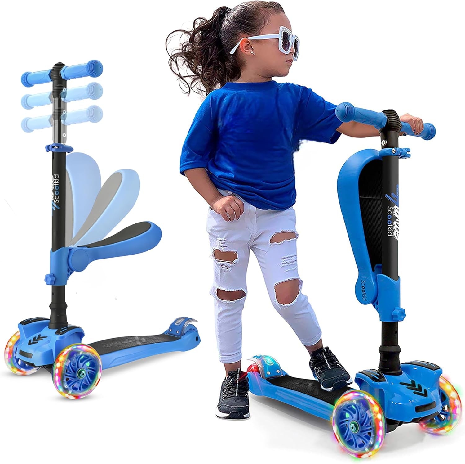 3-Wheeled Scooter for Kids - Wheel LED Lights, Adjustable Lean-To-Steer Handlebar, and Foldable Seat - Sit or Stand Ride with Brake for Boys and Girls Ages 1-14 Years Old