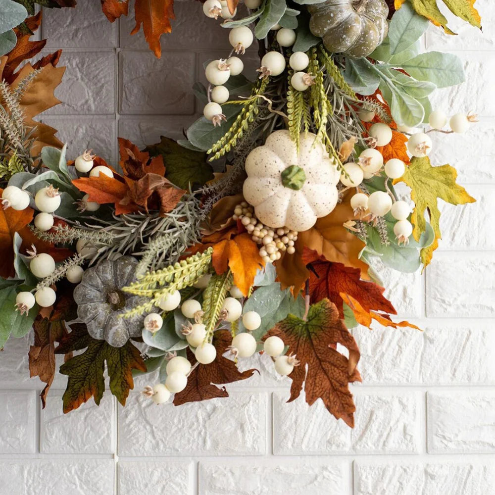 NO Summer Pumpkin & Maple Leaf Wreath Harvest Style for Front Door Thanksgiving Home Decor, Blue