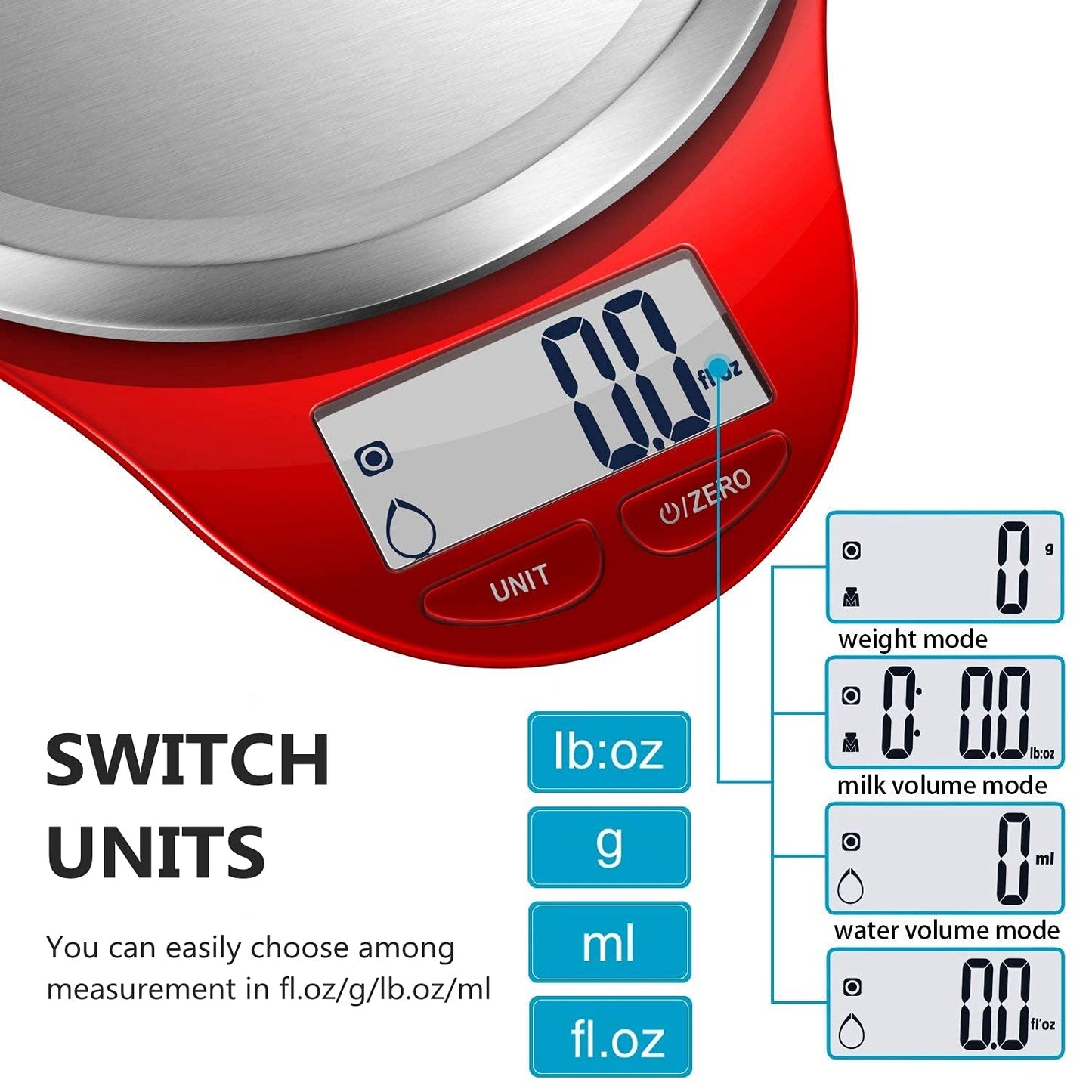 Food Scale,  Kitchen Scales Digital Weight Grams and Ounces Large Stainless Steel Platform for Baking Cooking Weight Loss, High Accuracy Bread Coffee Scale, 1G Increment Tare Function, Red