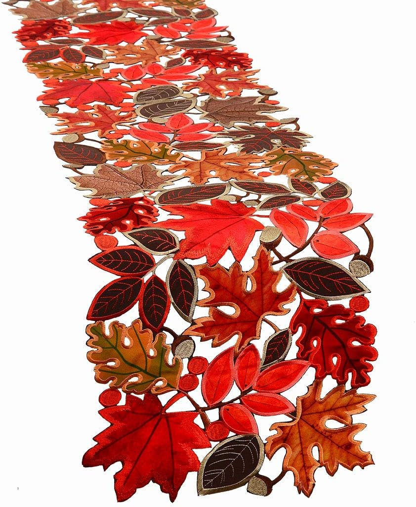 Embroidered Leaves Table Runner for Thanksgiving, Fall or Autumn Harvest Decorations (14 × 89 Inches)