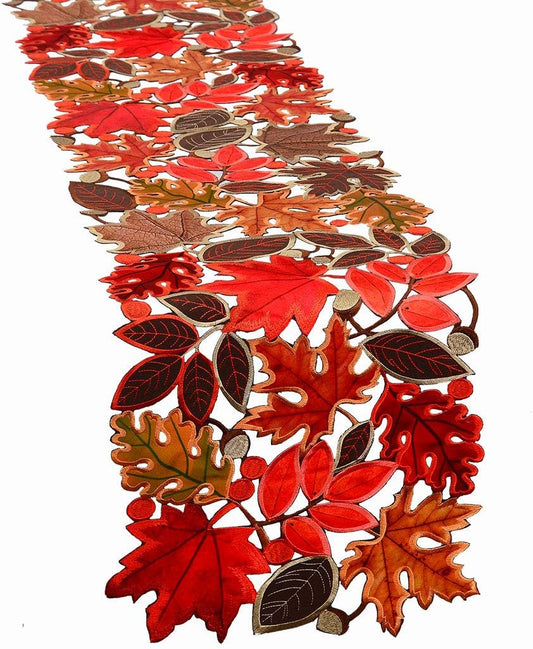 Embroidered Leaves Table Runner for Thanksgiving, Fall or Autumn Harvest Decorations (14 × 89 Inches)