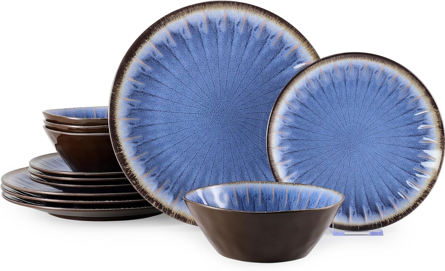 Melamine Dinnerware Set 12 Pcs for 4, Camping Plates and Bowls, Unbreakable, Lightweight, BPA Free, Dishwasher Safe, Blue with Brown