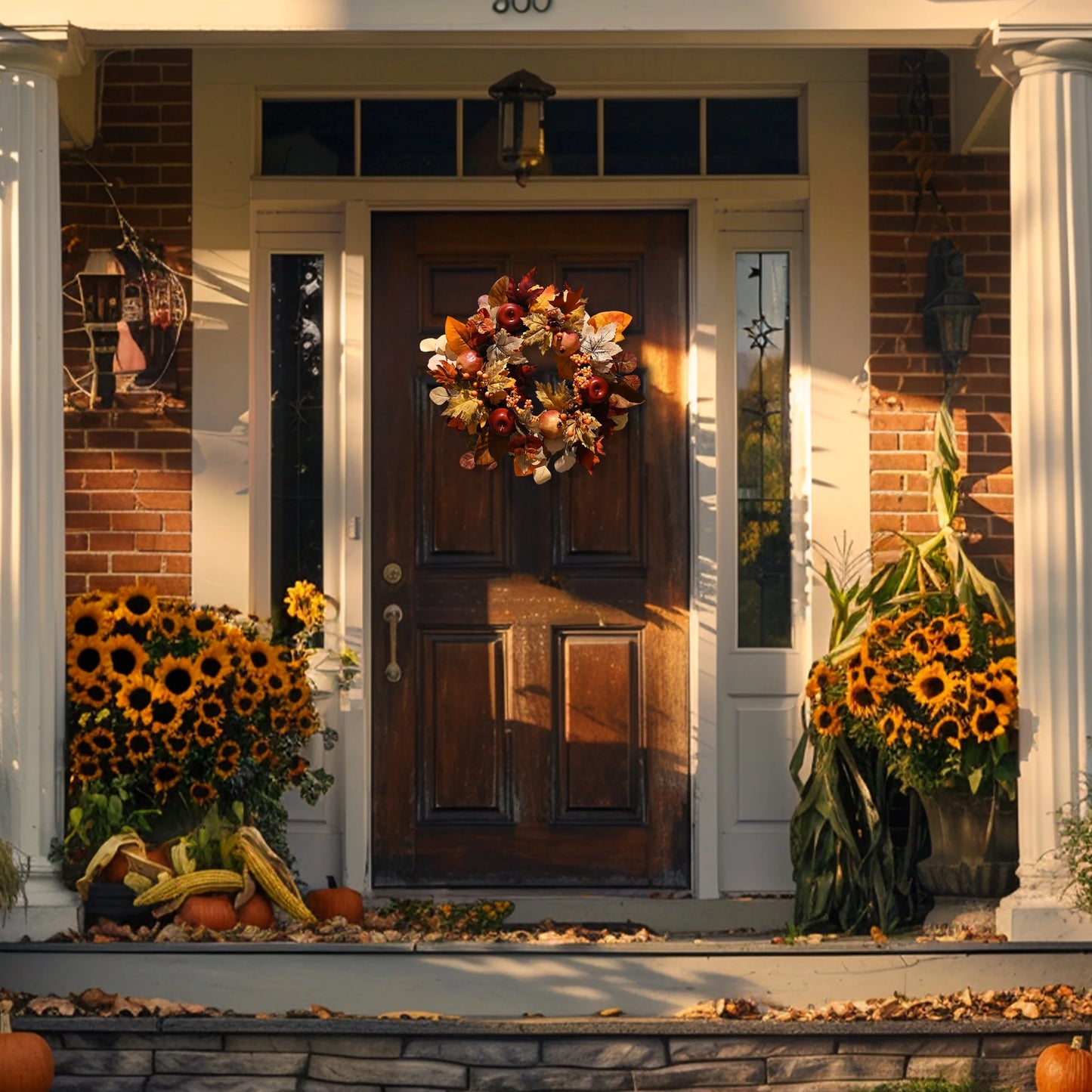 24 Inches Pre-Lit Fall Wreath Lighted Thanksgiving Wreath with Pomegranate & Apple Fall Wreath for Front Door Indoor Fireplace Farmhouse