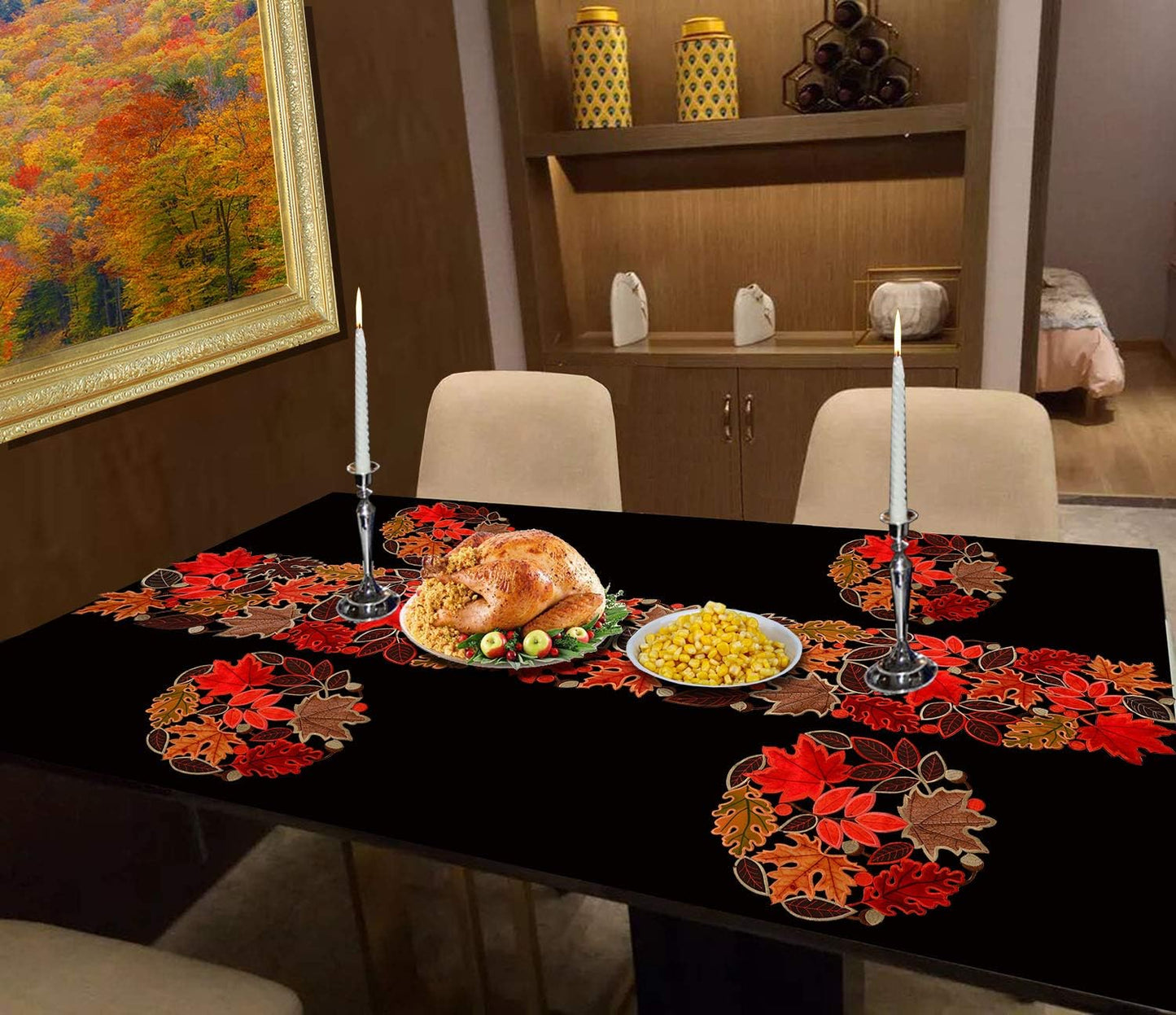 Embroidered Leaves Table Runner for Thanksgiving, Fall or Autumn Harvest Decorations (14 × 89 Inches)