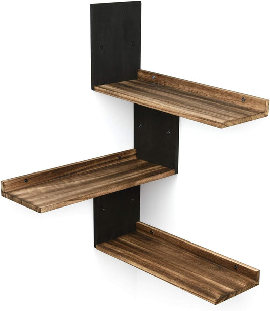 Corner Wall Shelf Rustic Wood Corner Floating Shelves Decor for Bedroom Living Room Bathroom Kitchen Set of 3 Assorted Color Black & Brown