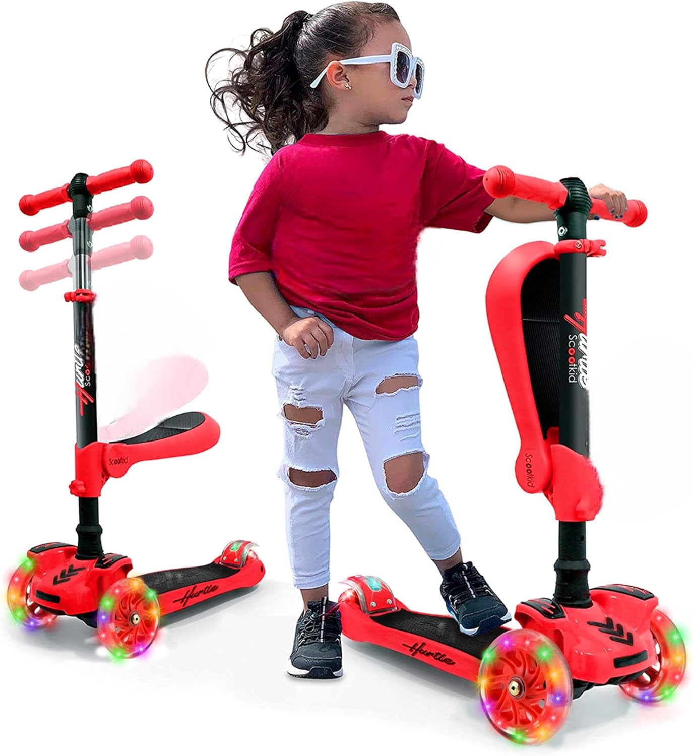 3-Wheeled Scooter for Kids - Wheel LED Lights, Adjustable Lean-To-Steer Handlebar, and Foldable Seat - Sit or Stand Ride with Brake for Boys and Girls Ages 1-14 Years Old
