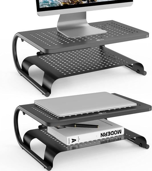Monitor Stand Riser, Computer Desktop Stand Riser Holder, Vented Metal 2 Tier Desk Shelf for Desk Organizer (STT001B-2), 2 Pack, Black