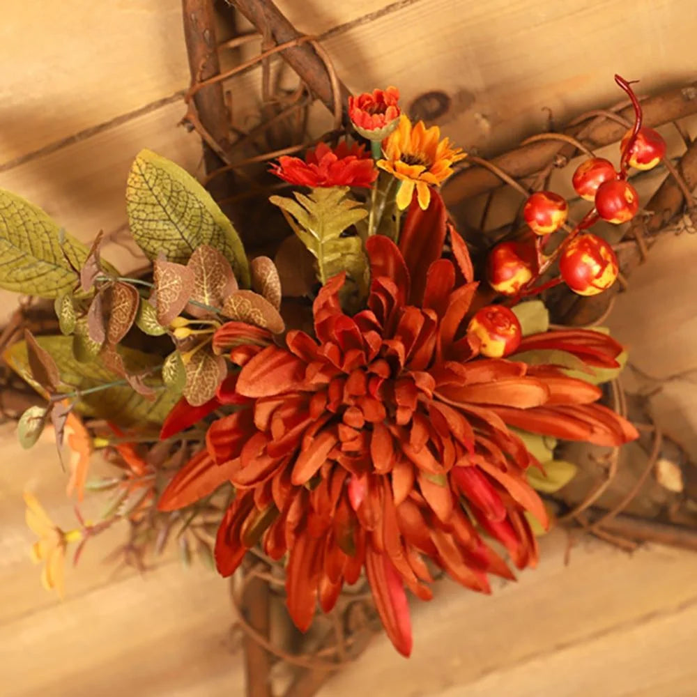 Artificial Autumn Fall Wreath, Harvest Thanksgiving Door Wreath for Front Door with Berry, Maple and Sunflower