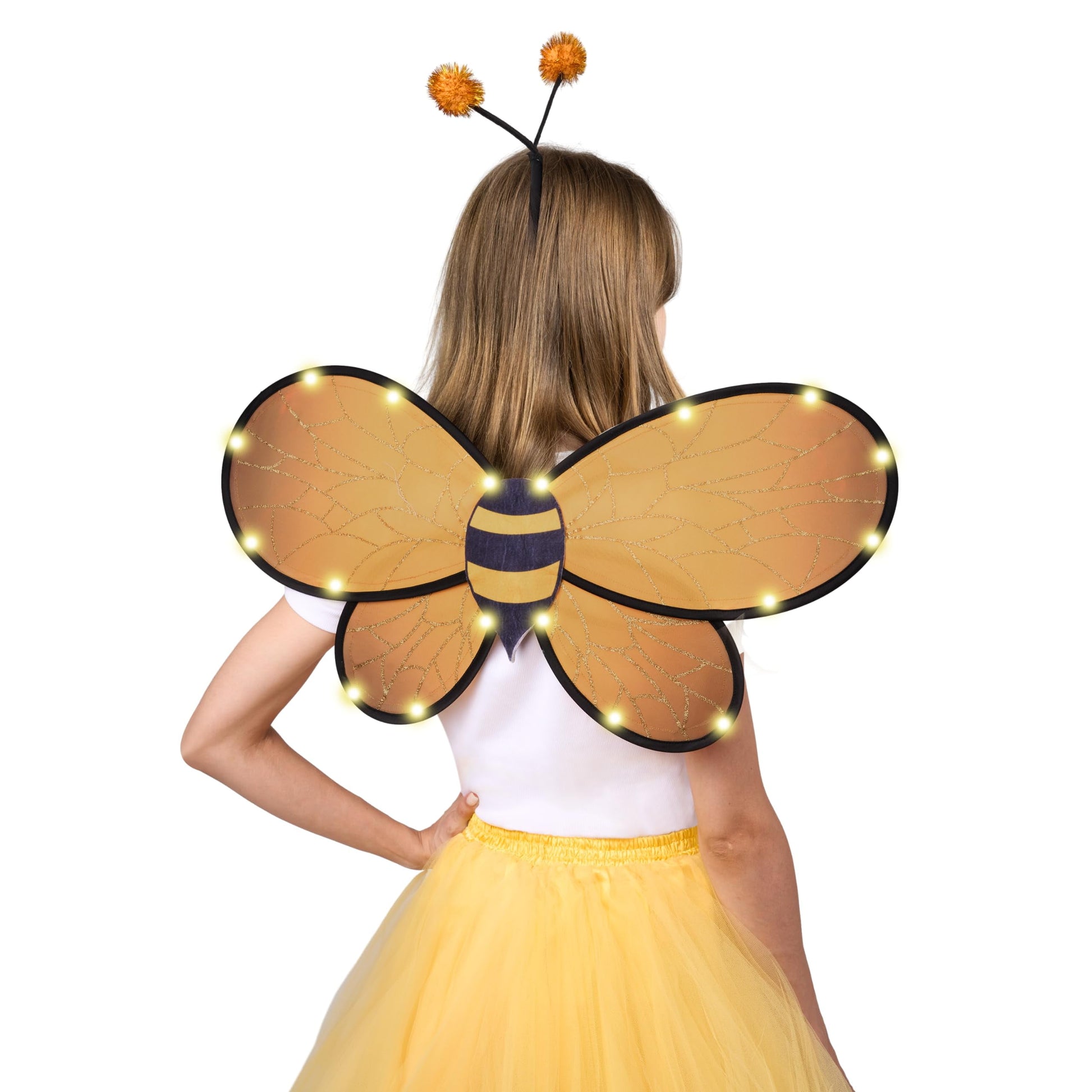 Yellow Bumble Bee Wings Costume Accessories, Light up Bee Wings and Bee Antenna Headband Set for Kids Girls, Halloween Animal Costume Cosplay Party Favors