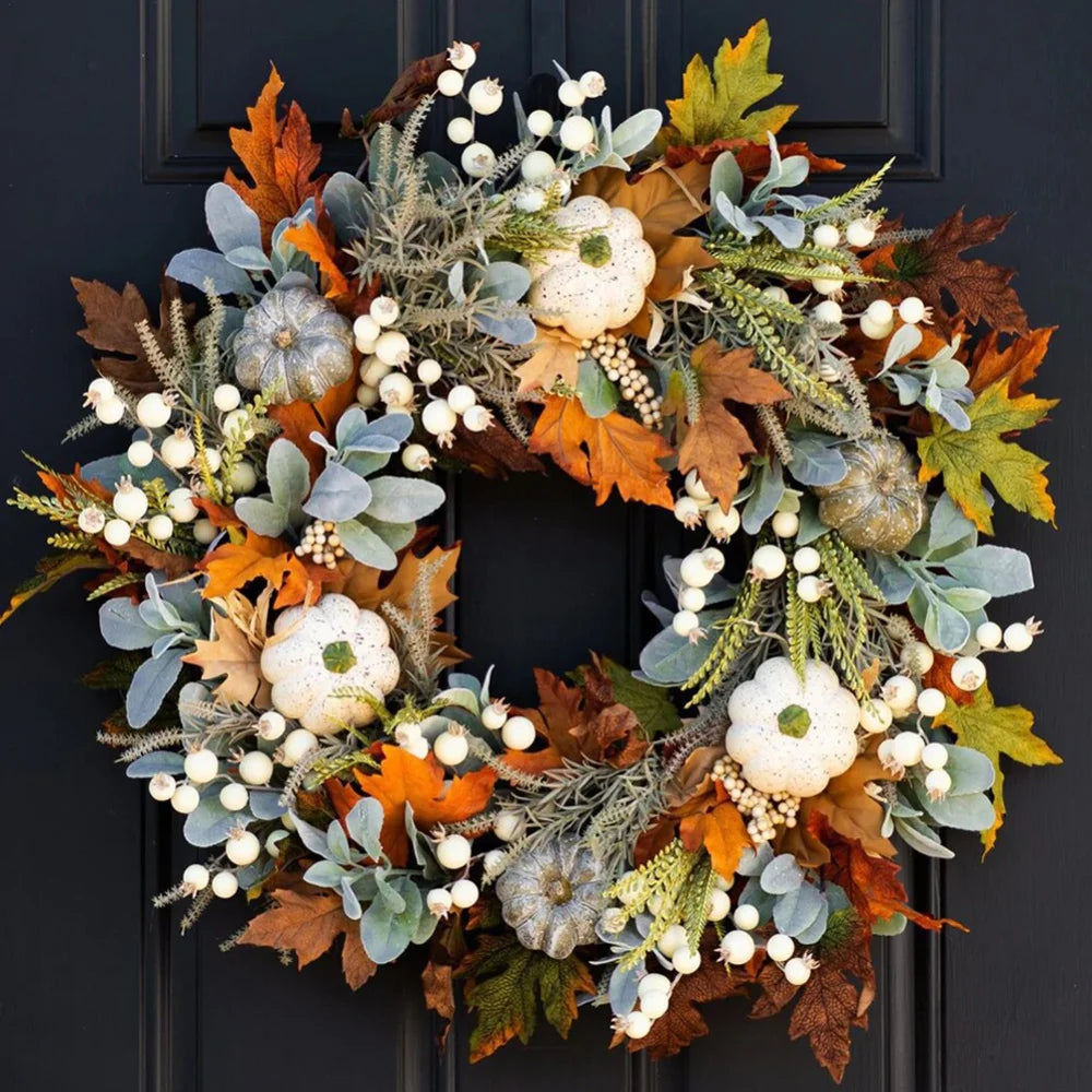 NO Summer Pumpkin & Maple Leaf Wreath Harvest Style for Front Door Thanksgiving Home Decor, Blue