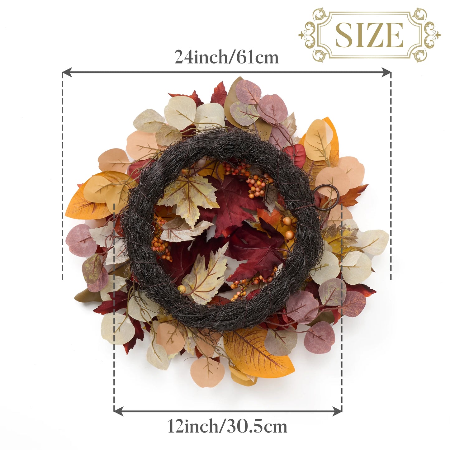 24 Inches Pre-Lit Fall Wreath Lighted Thanksgiving Wreath with Pomegranate & Apple Fall Wreath for Front Door Indoor Fireplace Farmhouse